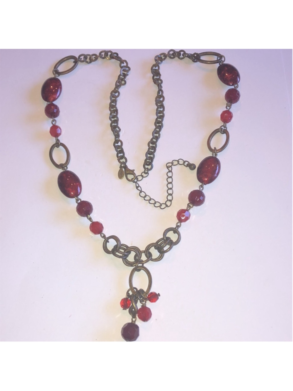 Premier Designs Vintage Brass Tone & Red Beaded Boho Pendant Necklace